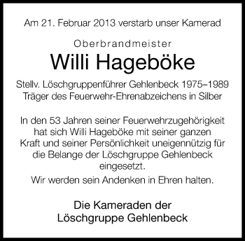 Traueranzeige von Willi Hageböke von Neue Westfälische