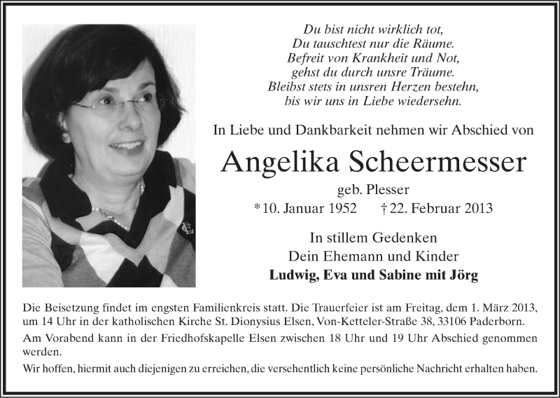  Traueranzeige für Angelika Scheermesser vom 25.02.2013 aus Neue Westfälische