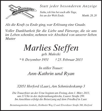Traueranzeige von Marlies Steffen von Neue Westfälische