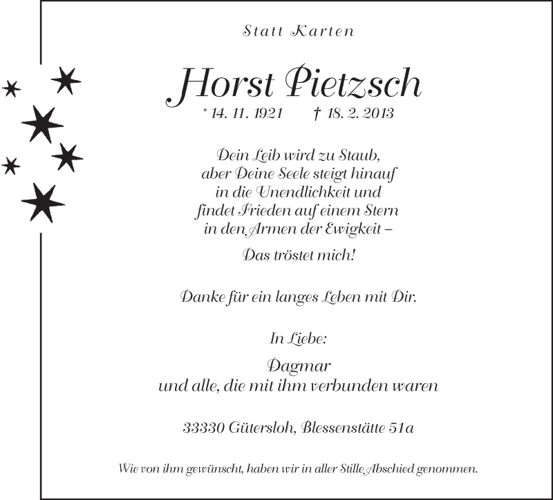  Traueranzeige für Horst Pietzsch vom 02.03.2013 aus Neue Westfälische