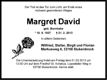 Traueranzeige von Margret David von Neue Westfälische