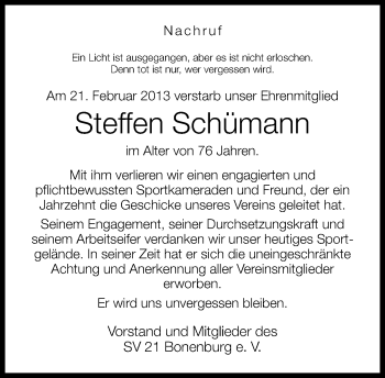 Traueranzeige von Steffen Schümann von Neue Westfälische
