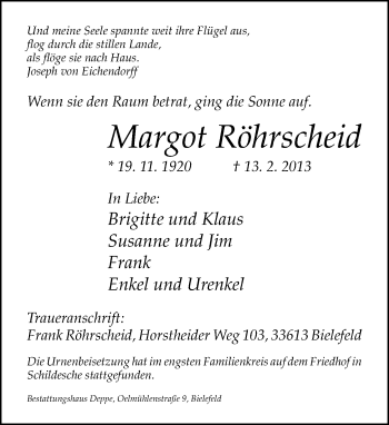 Traueranzeige von Margot Röhrscheid von Neue Westfälische