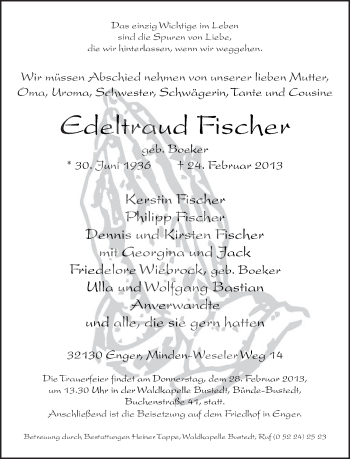 Traueranzeige von Edeltraud Fischer von Neue Westfälische