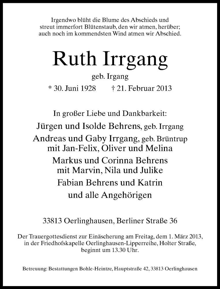  Traueranzeige für Ruth Irrgang vom 26.02.2013 aus Neue Westfälische