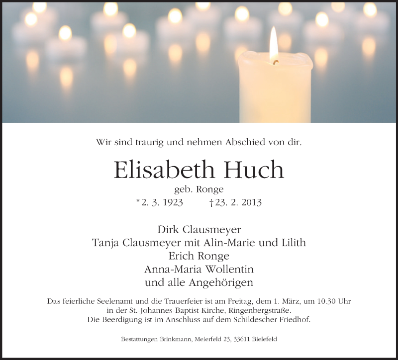  Traueranzeige für Elisabeth Huch vom 26.02.2013 aus Neue Westfälische