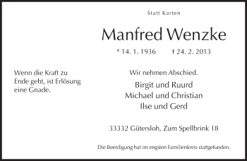 Traueranzeige von Manfred Wenzke von Neue Westfälische