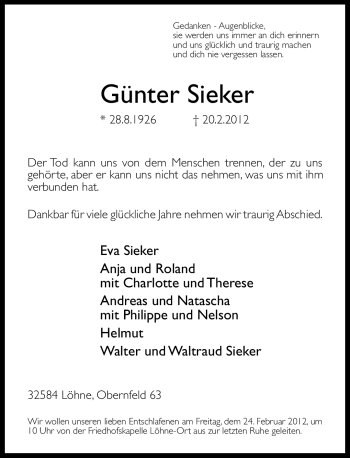 Traueranzeige von Günter Sieker von Neue Westfälische
