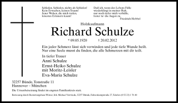 Traueranzeige von Richard Schulze von Neue Westfälische