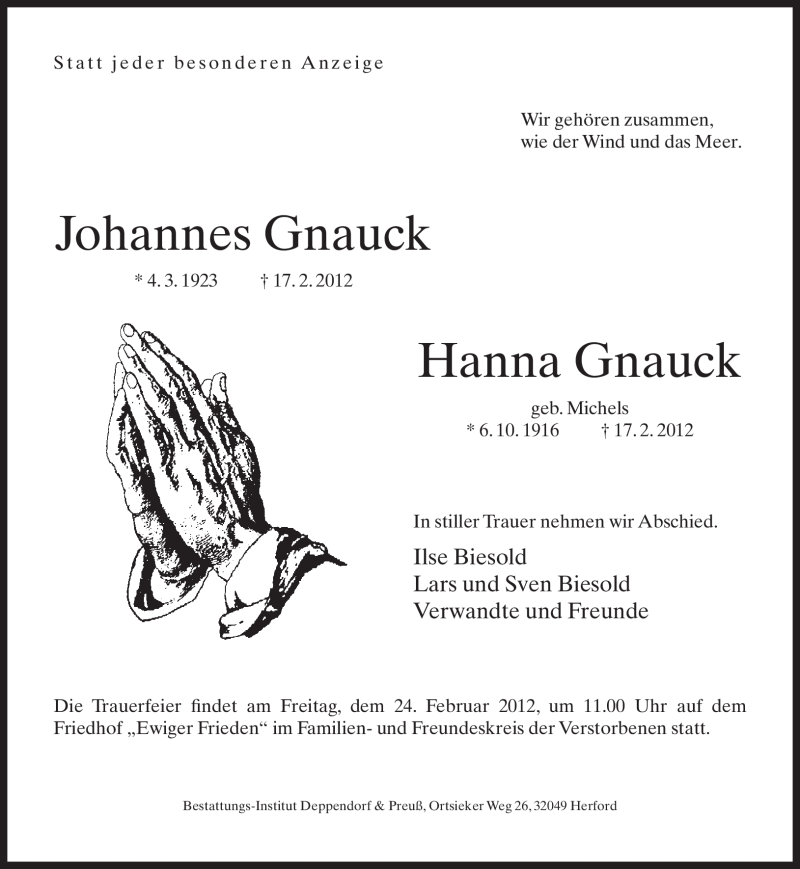  Traueranzeige für Johannes und Hanna Gnauck vom 22.02.2012 aus Neue Westfälische