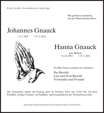 Traueranzeige von Johannes und Hanna Gnauck von Neue Westfälische