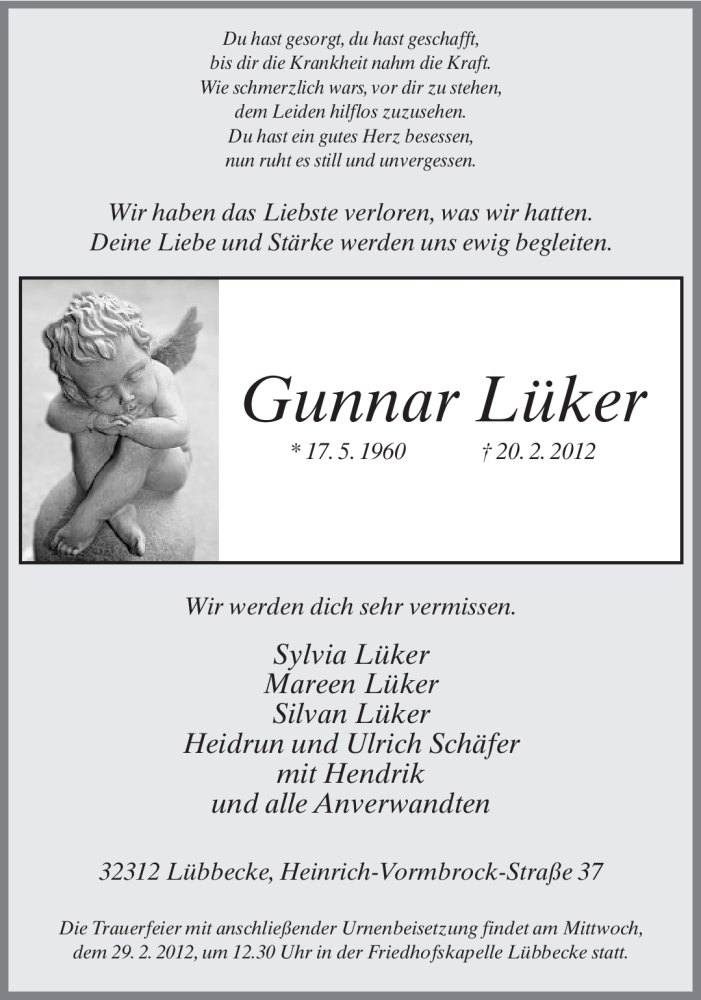  Traueranzeige für Gunnar Lüker vom 22.02.2012 aus Neue Westfälische