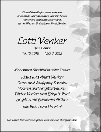 Traueranzeige von Lotti Venker von Neue Westfälische