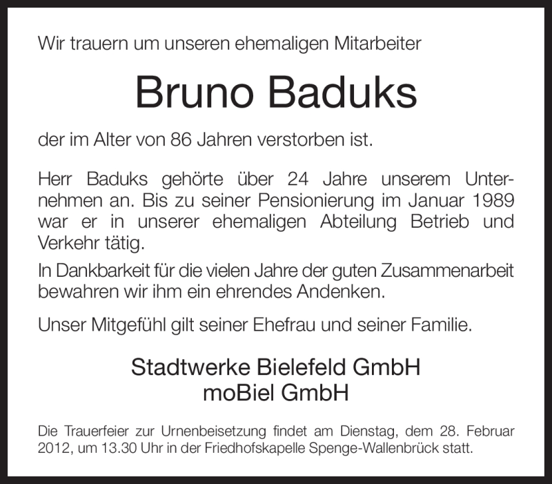  Traueranzeige für Bruno Baduks vom 22.02.2012 aus Neue Westfälische