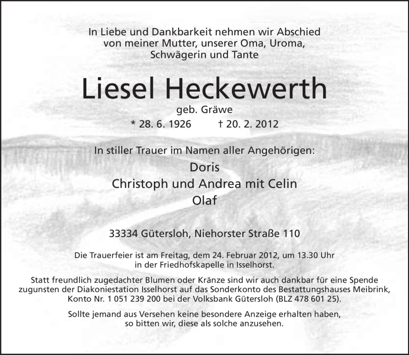  Traueranzeige für Liesel Heckewerth vom 22.02.2012 aus Neue Westfälische