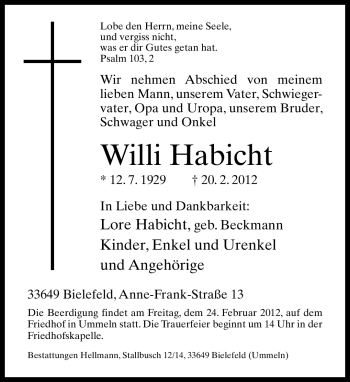 Traueranzeige von Willi Habicht von Neue Westfälische