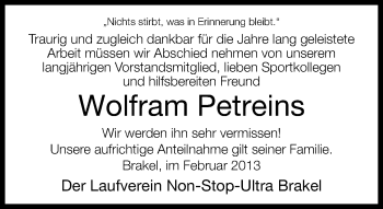 Traueranzeige von Wolfram Petreins von Neue Westfälische