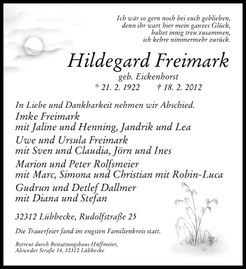 Traueranzeige von Hildegard Freimark von Neue Westfälische