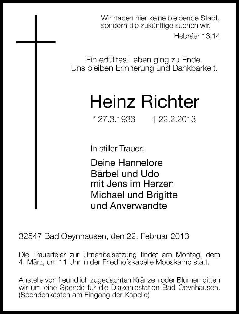  Traueranzeige für Heinz Richter vom 27.02.2013 aus Neue Westfälische