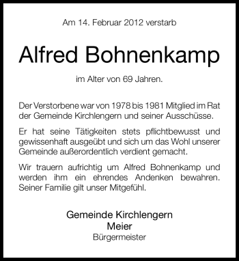 Traueranzeige von Alfred Bohnenkamp von Neue Westfälische