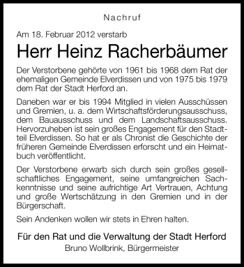 Traueranzeige von Heinz Racherbäumer von Neue Westfälische