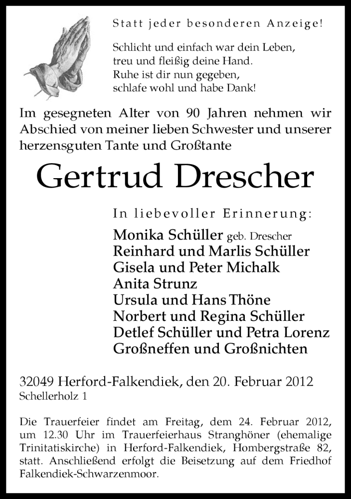  Traueranzeige für Gertrud Drescher vom 23.02.2012 aus Neue Westfälische
