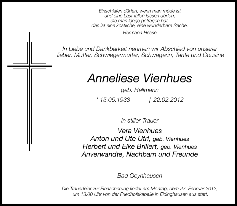  Traueranzeige für Anneliese Vienhues vom 23.02.2012 aus Neue Westfälische