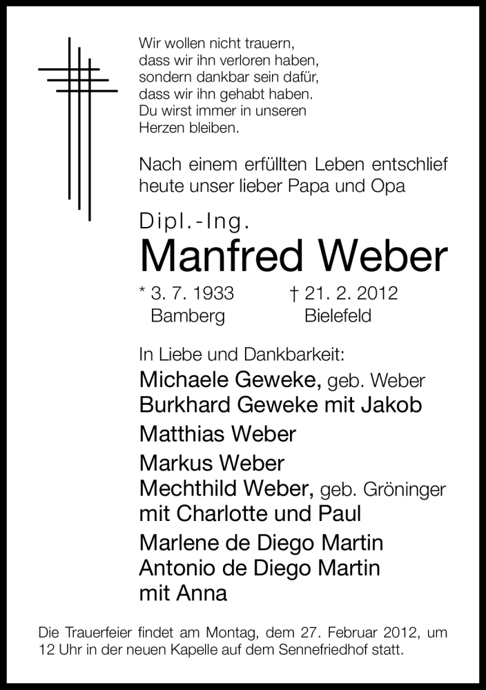  Traueranzeige für Manfred Weber vom 23.02.2012 aus Neue Westfälische