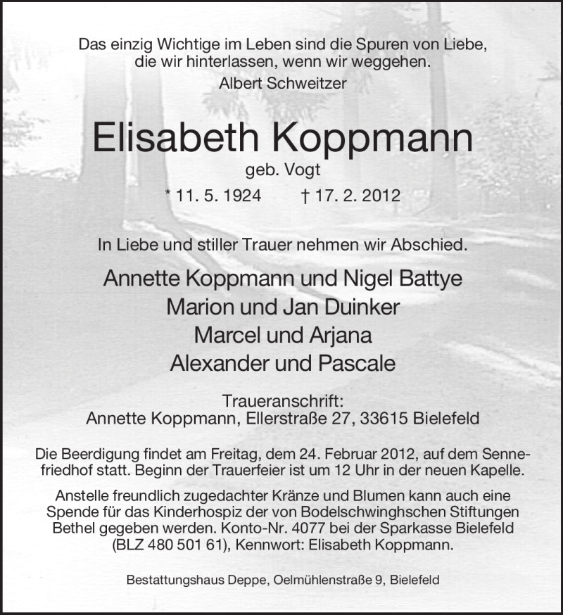  Traueranzeige für Elisabeth Koppmann vom 23.02.2012 aus Neue Westfälische