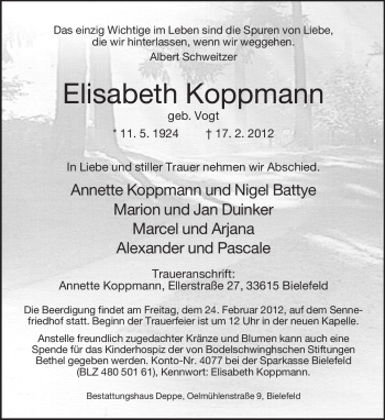 Traueranzeige von Elisabeth Koppmann von Neue Westfälische