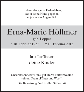 Traueranzeige von Erna-Marie Höllmer von Neue Westfälische