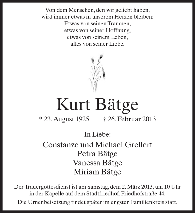  Traueranzeige für Kurt Bätge vom 28.02.2013 aus Neue Westfälische