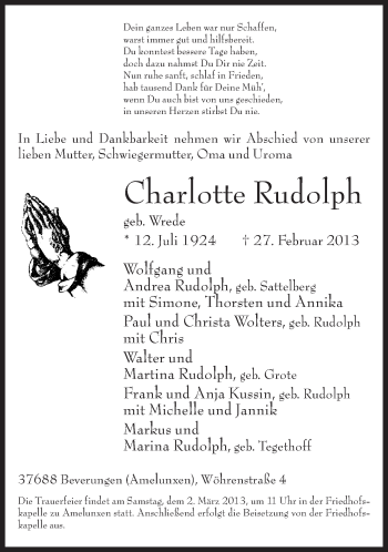 Traueranzeige von Charlotte Rudolph von Neue Westfälische