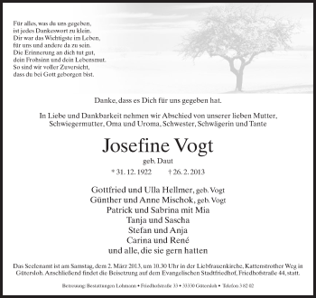 Traueranzeige von Josefine Vogt von Neue Westfälische