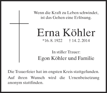 Traueranzeige von Erna Köhler von Neue Westfälische