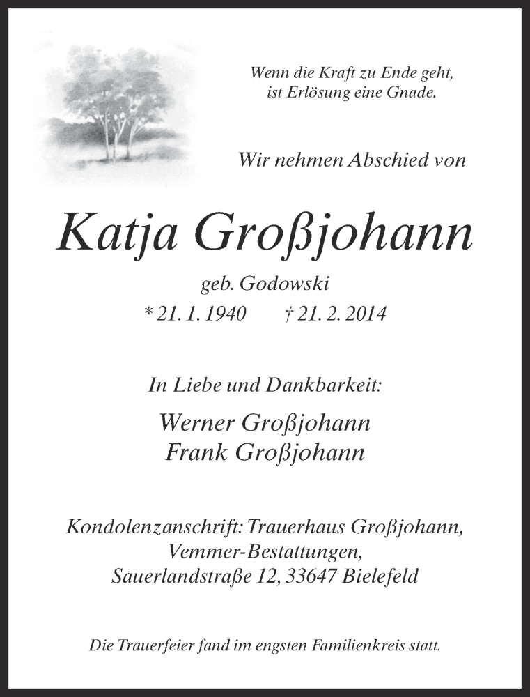  Traueranzeige für Katja Großjohann vom 01.03.2014 aus Neue Westfälische