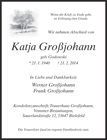 Traueranzeige von Katja Großjohann von Neue Westfälische