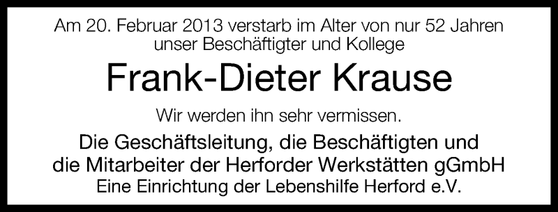  Traueranzeige für Frank-Dieter Krause vom 02.03.2013 aus Neue Westfälische