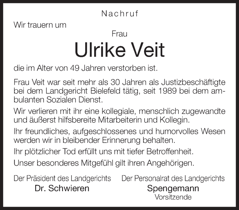  Traueranzeige für Ulrike Veit vom 01.03.2013 aus Neue Westfälische