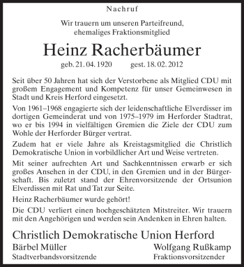 Traueranzeige von Heinz Racherbäumer von Neue Westfälische