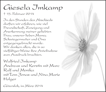 Traueranzeige von Giesela Imkamp von Neue Westfälische