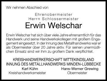Traueranzeige von Erwin Welschar von Neue Westfälische