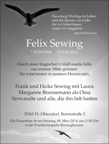 Traueranzeige von Felix Sewing von Neue Westfälische