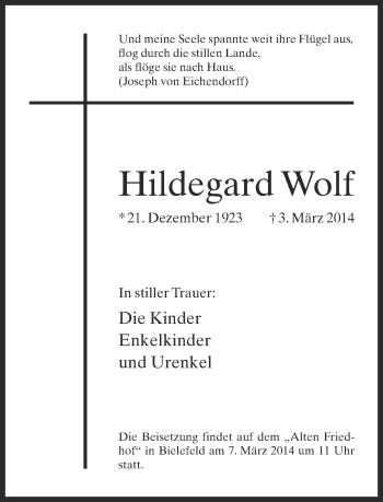 Traueranzeige von Hildegard Wolf von Neue Westfälische