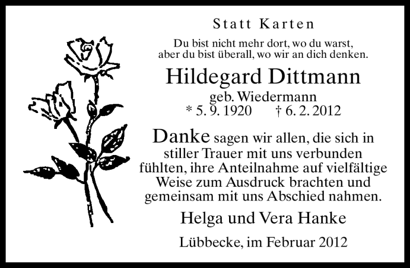  Traueranzeige für Hildegard Dittmann vom 25.02.2012 aus Neue Westfälische
