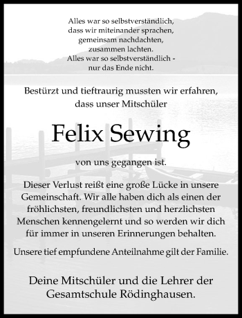 Traueranzeige von Felix Sewing von Neue Westfälische