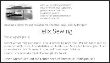 Traueranzeige von Felix Sewing von Neue Westfälische