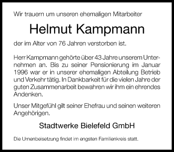 Traueranzeige von Helmut Kampmann von Neue Westfälische