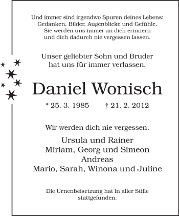 Traueranzeige von Daniel Wonisch von Neue Westfälische