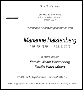 Traueranzeige von Marianne Halstenberg von Neue Westfälische
